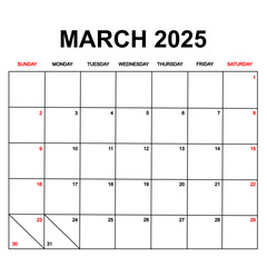 march 2025 with holydays or red dates. monthly calendar design with week starts on sunday. printable, simple, and clean vector design isolated on white background.