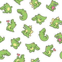 Funny crocodile character with happy face. Seamless pattern. Cartoon kawaii alligator. Hand drawn style. Vector drawing. Design ornaments.