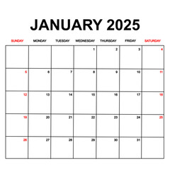 january 2025 with holydays or red dates. monthly calendar design with week starts on sunday. printable, simple, and clean vector design isolated on white background.