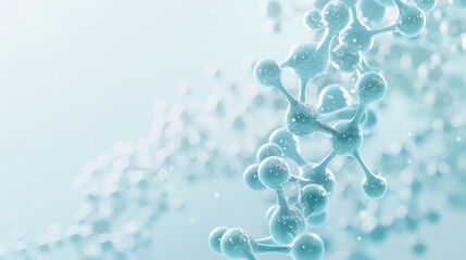 Aqua blue molecular structures suspended in a white gradient background macro scientific illustration