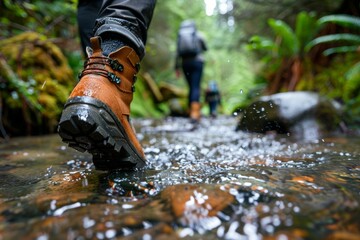 Hikers' boots navigating a forest stream, close-up of water splash