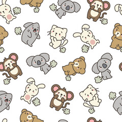 Fototapeta premium Cute and funny farting animals. Seamless pattern. Cartoon characters. Hand drawn style. Vector drawing. Design ornaments.
