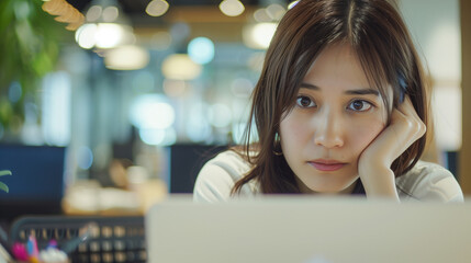 Japanese businesswoman using laptop and feeling boring about job at office