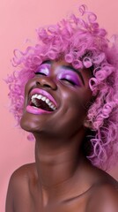 Obraz premium Portrait of a happy young Black woman with pink hair and makeup, exuding vibrant joy and positivity. Generative ai