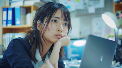 Japanese businesswoman using laptop and feeling boring about job at office
