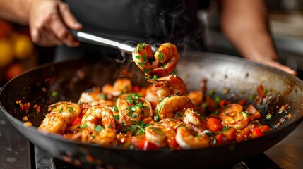 A chef actively cooks shrimp in a wok over high heat, creating a stir-fry dish