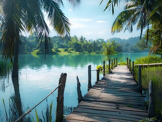 Fototapeta premium A wooden walkway winds towards a tranquil lake, surrounded by lush palm trees