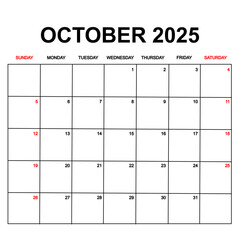 october 2025 with holydays or red dates. monthly calendar design with week starts on sunday. printable, simple, and clean vector design isolated on white background.