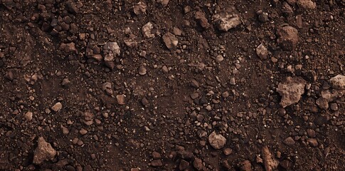 Grungy rough surface of dirt with seamless dark brown grain soil, texture background, close-up, top view