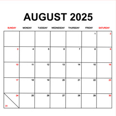 august 2025 with holydays or red dates. monthly calendar design with week starts on sunday. printable, simple, and clean vector design isolated on white background.