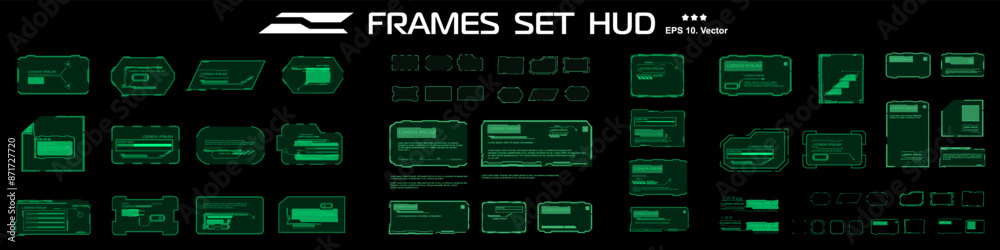 Fototapete  Vector set with green frames. Digital windows with text information block. HUD UI dialogs. Frames with information and data. Graphic modern HUD interface elements