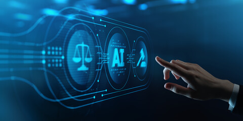 Businessman Pressing Button Touches Virtual Screen with Artificial intelligence AI, Justice Scales,...