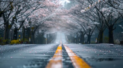 Landscape of A Road with Cherry Blossom Trees