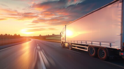 Obraz premium Semi Truck Driving on Open Highway at Sunset, Transportation and Logistics Concept
