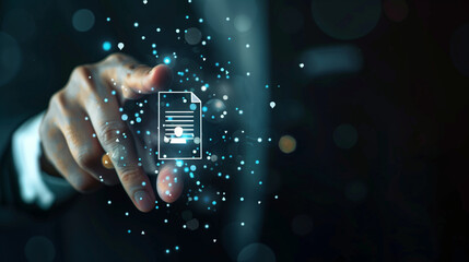 businessman hand touching on a digital document hologram
