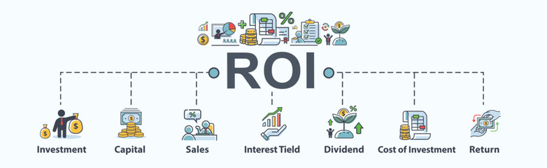 Roi banner web icon vector concept for return on investment, capital, sales, interest, dividend, yield, cost of investment and return. minimal cartoon infographic.