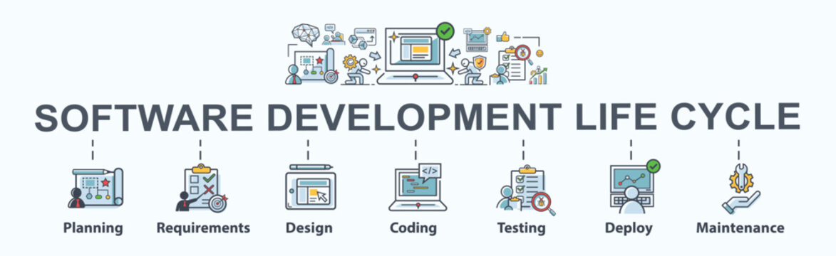 Software development life cycle banner web icon vector concept of SDLC of planning, requirements, design, coding, testing, deploy and maintenance. Minimal cartoon vector infographic.