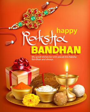 Greeting card with rakhi (bracelet), gift and puja thali (tray) for Raksha Bandhan (Bond of protection and care) &ndash; Indian festival of sisters and brothers. Vector.