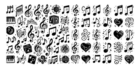 Hand-Drawn Music Note Icons: Vector Set with Treble Clef.  Music notes hand drawn black signs vector set. Isolated hand-drawn music note icons on white background. Music note symbols . Vector 
