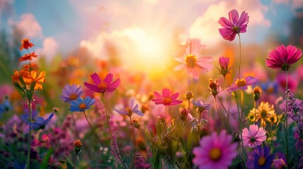 Sunlit meadow wildflowers at sunset