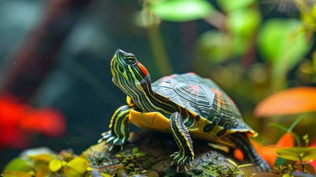 Red eared slider turtle on a rock