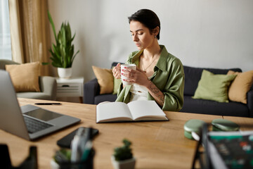 A woman sits at her desk, taking a moment to relax with a cup of coffee while working from home.
