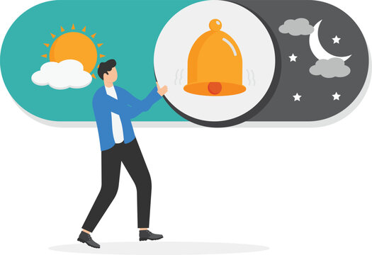 turn on-off subscription bell, paradigm shift or change to be better status, start or begin business, businessman push setting button switch to off position

