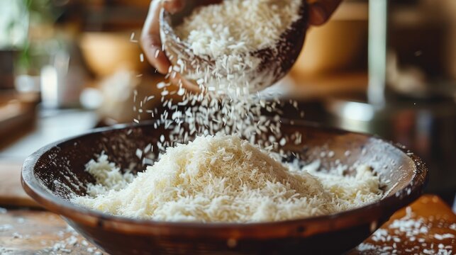 Coconut flour being added to bowl