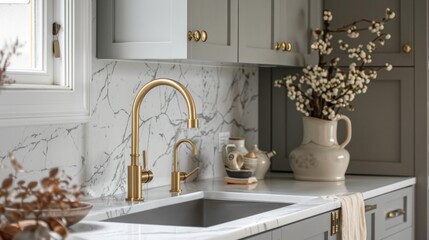 detail in interior at luxury kitchen with golden shiny faucet and rectangular sink built in marble countertop on wall background with copy space.