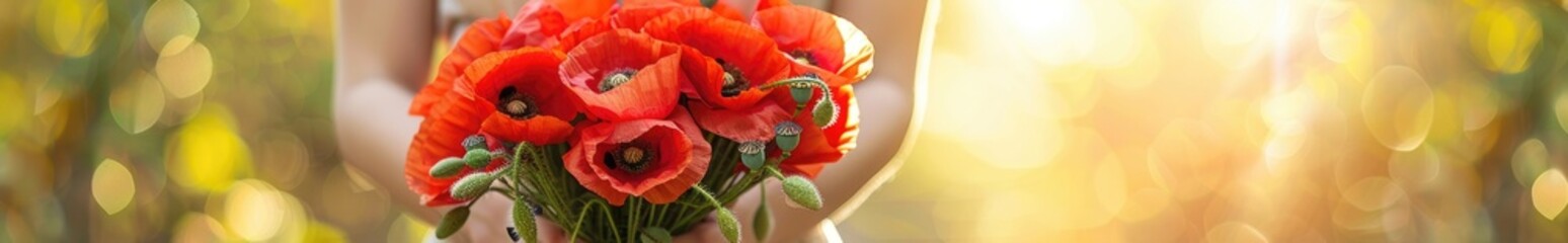 Obraz premium Vivid red poppies held in tender woman hands