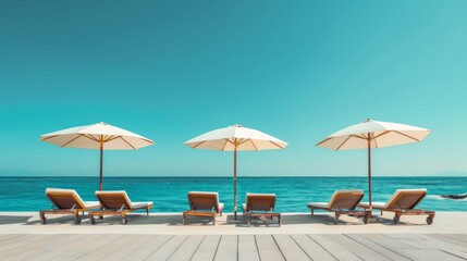 The coast of a resort beach with sun loungers and sun areas. The concept of summer vacation, travel.