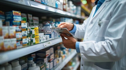 Pharmacist checking inventory in pharmacy