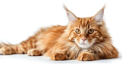 Ginger maine coon cat relaxing on a white background