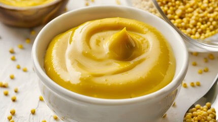 Close-up of a creamy mustard sauce in a white bowl surrounded by mustard seeds on a tabletop.