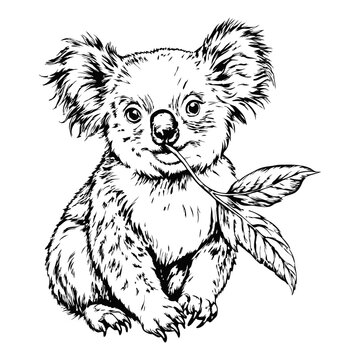 koala bear eating leaf black and white clip art preview