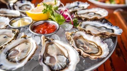 Fresh oysters served on a bed of ice with slices of lemon, parsley, and cocktail sauce.