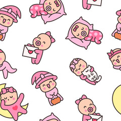Cute baby girl. Seamless pattern. Cartoon little newborn character. Hand style. Vector drawing. Design ornaments.