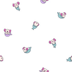 Cute kawaii axolotl mermaid. Seamless pattern. Cartoon fantasy animal characters. Hand drawn style. Vector drawing. Design ornaments.