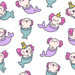 Cute kawaii axolotl mermaid. Seamless pattern. Cartoon fantasy animal characters. Hand drawn style. Vector drawing. Design ornaments.