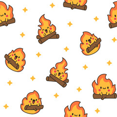 Cute kawaii little fire. Seamless pattern. Cartoon flame characters. Hand drawn style. Vector drawing. Design ornaments.
