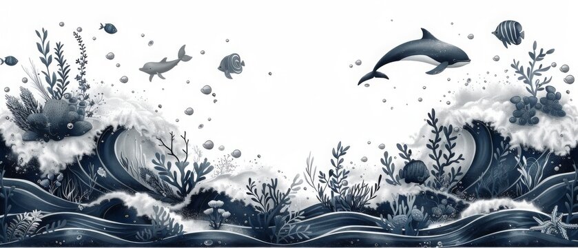 black and white background Black and white cartoon drawings of animals, fish, corals in the sea.