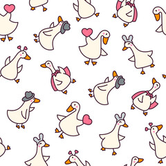 Funny goose characters. Seamless pattern. Cute cartoon kawaii duck. Hand drawn style. Vector drawing. Design ornaments.