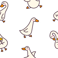 Funny goose characters. Seamless pattern. Cute cartoon kawaii duck. Hand drawn style. Vector drawing. Design ornaments.