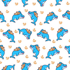 Obraz premium Cute kawaii dolphin in different poses. Seamless pattern. Funny cartoon marine character. Hand drawn style. Vector drawing. Design ornaments.