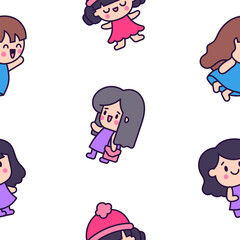 Cute kawaii little girl. Seamless pattern. Happy kid cartoon character. Hand drawn style. Vector drawing. Design ornaments.