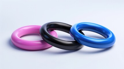 Fototapeta premium 3D Rings. Isolated Three-Dimensional Illustration of Plastic Rings in Black, Pink, and Blue Colors