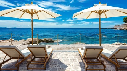 The coast of a resort beach with sun loungers and sun areas. The concept of summer vacation, travel.
