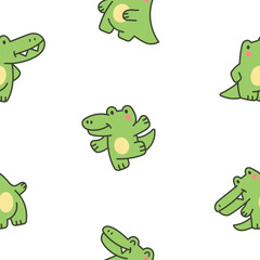 Funny crocodile character with happy face. Seamless pattern. Cartoon kawaii alligator. Hand drawn style. Vector drawing. Design ornaments.