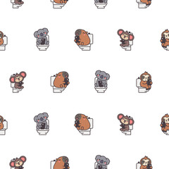 Cute animal pooping on toilet with phone. Seamless pattern. Funny cartoon characters. Hand drawn style. Vector drawing. Design ornaments.
