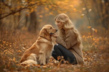Dog Person Love. Beautiful Woman with Happy Golden Retriever in the Park